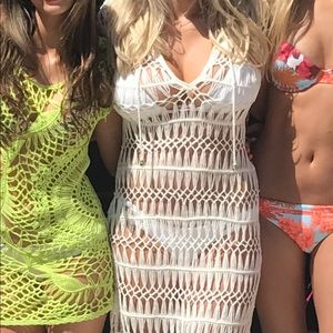 PilyQ Crochet maxi/midi cover up with blue and gold beaded string detail.